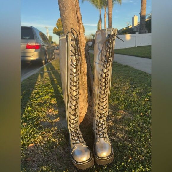 Rave Demonia So-Emily-375 Silver Thigh High Platform Boots - Picture 2 of 9